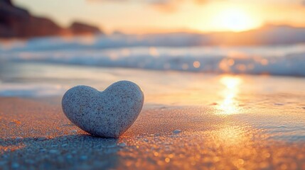 Fototapeta premium heart-shaped stone resting on sandy beach with gentle waves and warm sunset in the background conveying calm and peaceful emotion