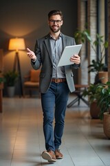 A confident entrepreneur walking through coworking space holding tablet, stylish outfit and decisive gesture