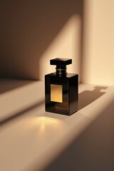 An elegant product shot of high-end perfume bottle on matte surface, soft shadows and gold label detail