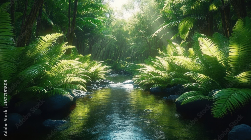 Aufkleber sunlit forest stream surrounded by lush green ferns and dense trees creating a peaceful and refreshi