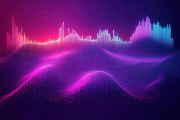 Abstract digital waveforms and glowing sound wave visualizer with colorful neon gradient light graph over dark background