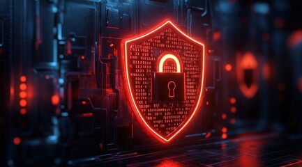Glowing red shield with a padlock symbol and binary code on a dark futuristic circuit board background representing digital security and data protection