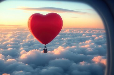 Obraz premium A vibrant red heart-shaped hot air balloon floating peacefully above fluffy clouds viewed through an airplane window at sunset, evoking a feeling of love and serenity