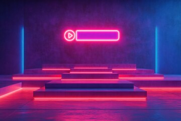 Futuristic neon-lit stepped platform with glowing pink and blue ambient lighting and an illuminated play button shape above, evoking a modern digital atmosphere