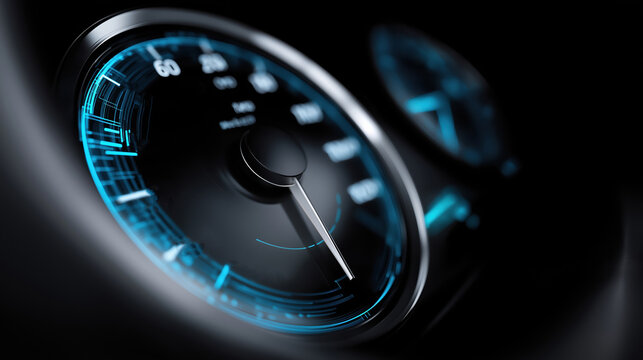 Detailed close-up of a futuristic car dashboard showing speedometer readings at night - Powered by Adobe