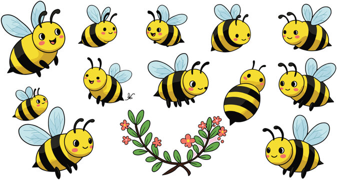 lebah bee Adorable cartoon bees buzzing around a floral sprig, creating a cheerful and whimsical illustration