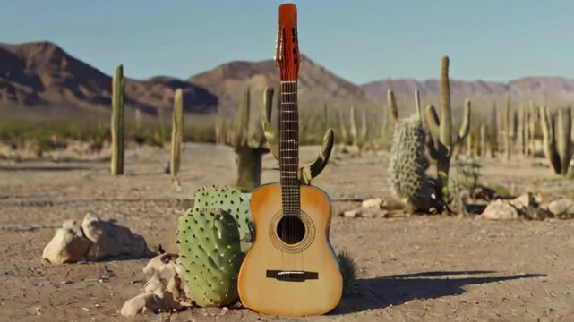 Cinco de Mayo, mexican paper decoration guitar, cactus with flowers, black background, Festival Concept 4K created with generative ai