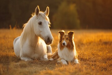 Obraz premium White Horse and Collie Dog Resting at Sunset