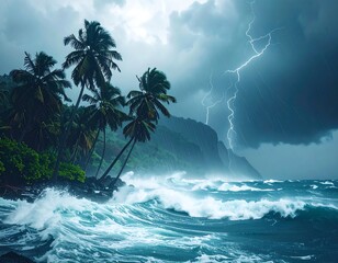 Stormy tropical coast with towering waves and palm trees