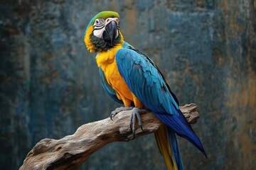 Obraz premium Colorful blue and yellow parrot perched on a textured wooden branch with a blurred natural background