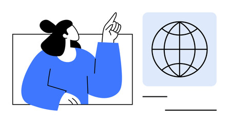 Person gesturing towards globe emphasizing global communication, collaboration, education, diversity, progress, exploration. Ideal for education, teamwork, globalization networking technology