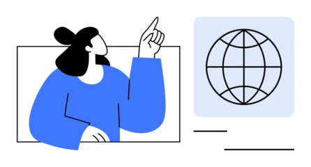 Gordijnen Person gesturing towards globe emphasizing global communication, collaboration, education, diversity, progress, exploration. Ideal for education, teamwork, globalization networking technology © robu_s