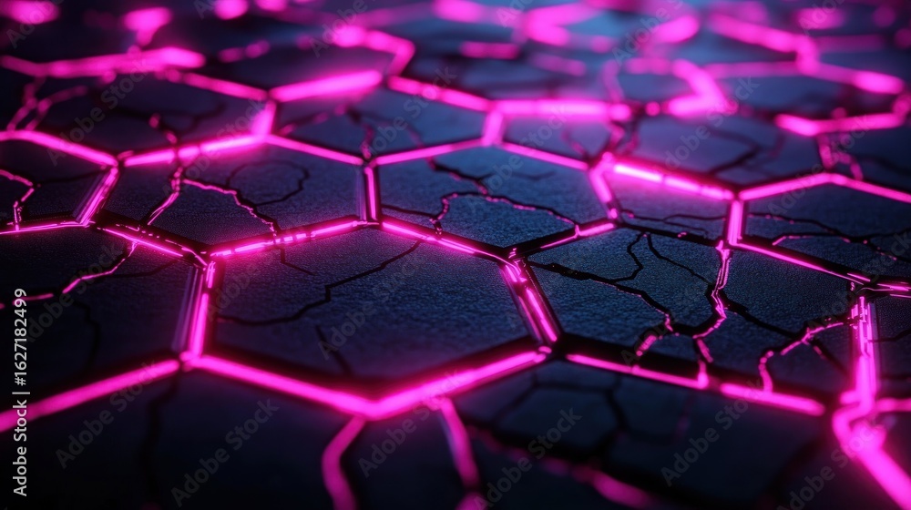Aufkleber close-up of dark cracked surface with glowing neon pink hexagonal grid lines creating a futuristic a