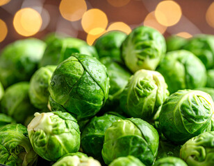 Fresh Brussels Sprouts Pile with Bokeh Background, Close-Up View