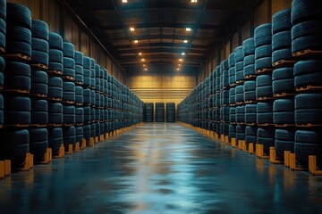 Large industrial warehouse with countless neatly stacked black tires on yellow pallets illuminated by overhead lights creating a symmetrical and orderly environment