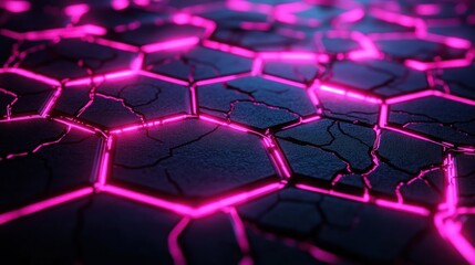 Obraz premium Close-up of dark cracked surface with glowing neon pink hexagonal grid lines creating a futuristic and vibrant pattern