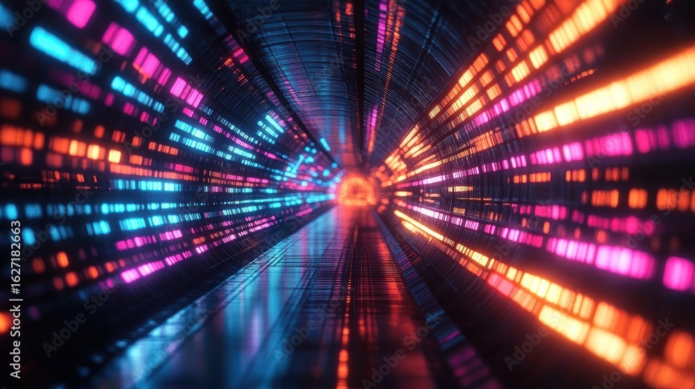 Poster colorful illuminated tunnel with vibrant digital light patterns creating a futuristic and dynamic at