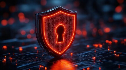 Glowing red digital shield with keyhole symbol floating above dark circuit board background representing cybersecurity and data protection