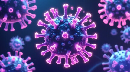 Microscopic illustration of glowing virus particles in vibrant purple colours. Scientific visualization for biology, microbiology, medicine, health care, and treatment.