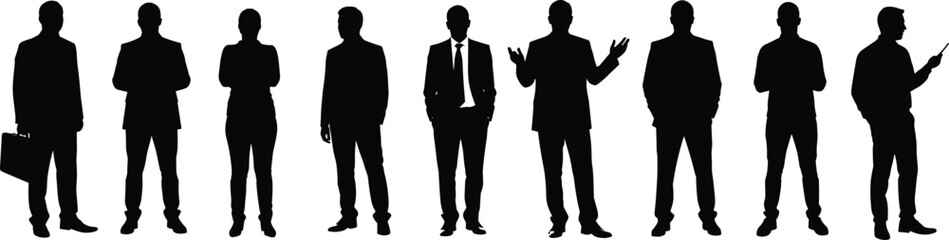 Business people silhouettes standing, professionals in formal wear, men and women office workers, corporate team, vector illustration, business concept