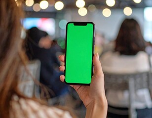 Person holding smartphone with a green screen in a cafe