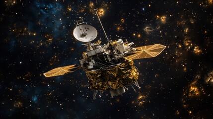 Naklejka premium Spacecraft in deep space, surrounded by stars and nebulae.