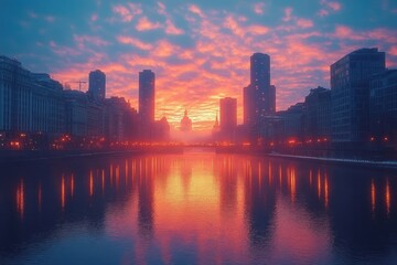 vibrant sunset casting orange and pink hues over river flanked by illuminated city buildings and silhouetted skyscrapers under dramatic cloud sky