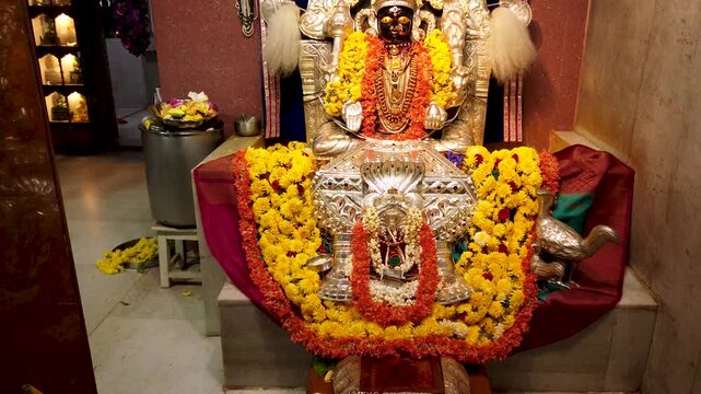 Mysuru, Karnataka, India-July 13 2025; A Tilt view of Goddess Padmavati or Lakshmi decorated with colorful flowers during Diwali festival in India.
