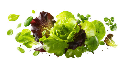 Fresh salad ingredients including slices and lettuce leaves floating in mid-air isolated on a transparent background
