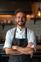 A confident chef standing in front of open kitchen, folded arms, clean apron, warm ambient lighting