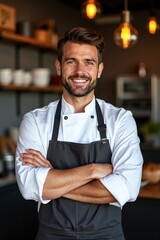 A confident chef standing in front of open kitchen, folded arms, clean apron, warm ambient lighting