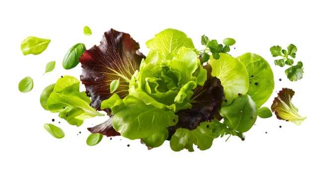 Fresh salad ingredients including slices and lettuce leaves floating in mid-air isolated on a transparent background