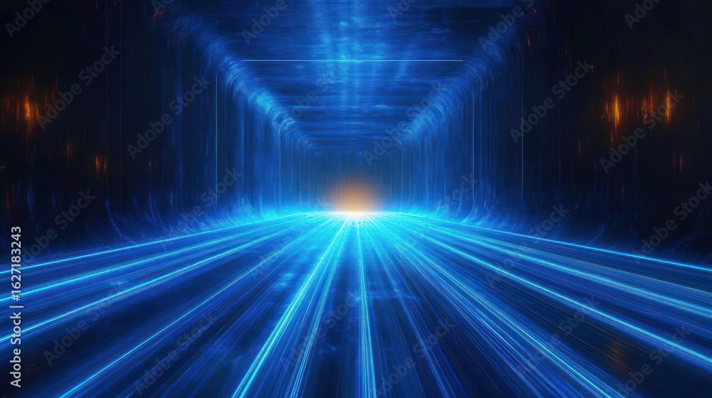 Poster futuristic glowing blue tunnel with bright light at the end and streaks of neon light lines radiatin