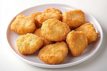 Plate of golden-brown crispy breaded chicken nuggets arranged casually on a white round plate with a clean white background