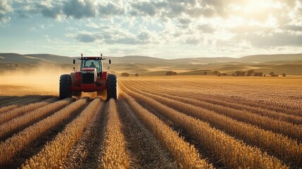 Obraz premium Red tractor plowing golden wheat field under cloudy sky during sunset in a vast rural landscape