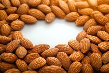 Close-up of raw almonds arranged in a heart shape on a white surface symbolizing health and love