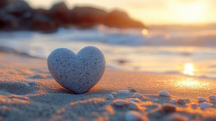 Fototapeta premium Heart-shaped stone resting on sandy beach with small pebbles illuminated by warm golden sunset light reflecting on gentle ocean waves