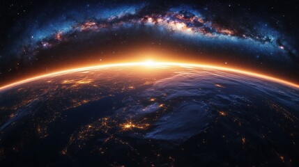 Fototapeta premium Sunrise over Earth from space with illuminated city lights and a vibrant starry galaxy arching across the dark cosmic sky, evoking wonder and awe