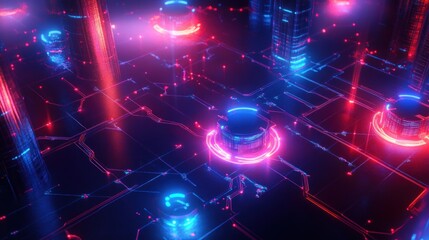 Futuristic glowing neon blue and red circuit board with cylindrical components emitting light in a high-tech environment