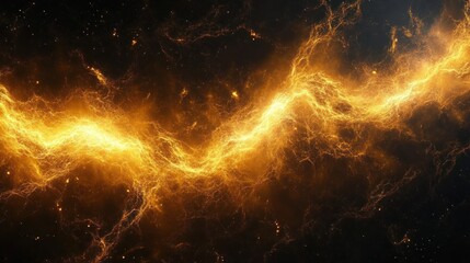 Bright golden electric-like energy stream flowing dynamically against a dark background, evoking power and cosmic phenomena