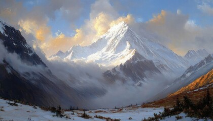 Majestic snow-covered mountain peak bathed in soft golden sunlight with misty clouds in a serene alpine valley
