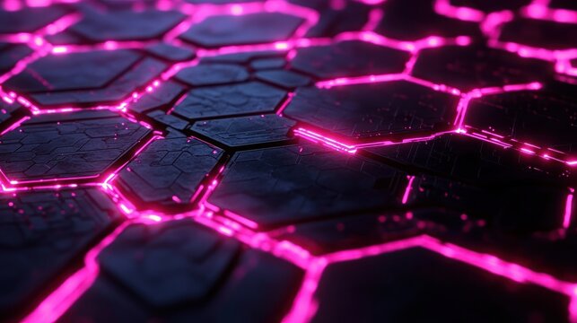 Close-up of dark hexagonal tiles with glowing pink neon lines and digital texture creating a futuristic and dynamic atmosphere