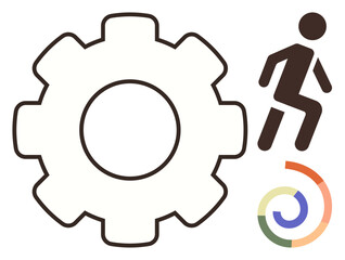 Gearwheel next to walking person silhouette and colorful spiral arrow. Ideal for teamwork, productivity, innovation, goal setting, growth, efficiency, career development. Simple flat metaphor