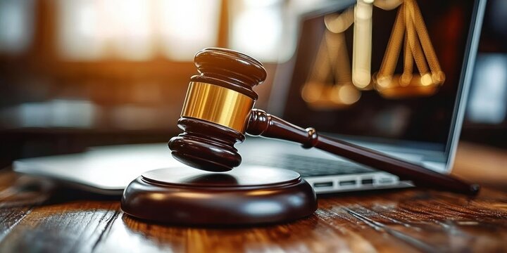 Wooden judge gavel resting on a desk with a laptop displaying golden scales of justice symbol in blurred background representing law and legal matters - Powered by Adobe