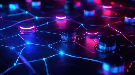 Close-up view of connected metallic nodes with glowing blue and pink neon lights forming a digital network grid