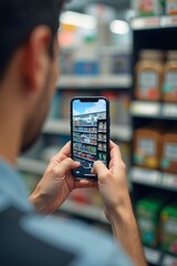A man scanning QR code from product package using smartphone, clean retail shelf background, transaction capture