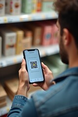 A man scanning QR code from product package using smartphone, clean retail shelf background, transaction capture
