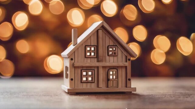 A stunning wooden house toy with intricate details and a hard-working construction worker's helmet and gloves resting on the table. created with generative ai