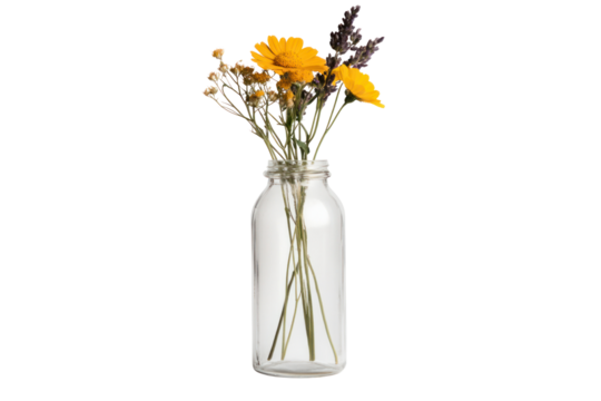 A vase of beautiful flowers: A close-up shot of delicate yellow flowers and other flowers stems are artistically arranged in a transparent glass vase, The flower is a symbol of love and peace.