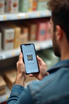 A man scanning QR code from product package using smartphone, clean retail shelf background, transaction capture